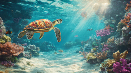 Obraz premium A colorful sea turtle glides across a bright coral reef in the sunshine of a tropical ocean.
