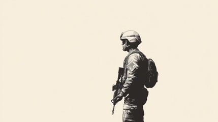 Fototapeta premium Silhouette of a soldier in uniform, carrying a rifle and backpack, standing against a minimalist background.