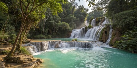 Obraz premium Kuang Si Falls, Luang Prabang, Laos: Turquoise Cascades and Lush Jungle