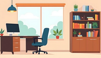 Modern Home Office Workspace with Desk Chair and Bookshelf