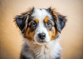 Close-up of an adorable Australian Shepherd puppy against a light background.  Perfect dog photography.