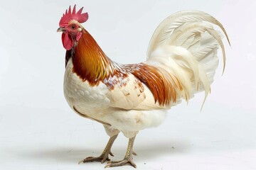 Close up of beautiful chicken, with detailed feathers, shot in studio, light background