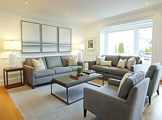 Fototapeta premium Bright and airy living room with gray furniture, wooden flooring, and white walls, providing a space for text in a stock photo layout