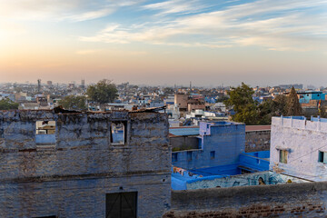 crowded city house with morning bright dramatic sky