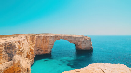 Breathtaking view of the azure window rock formation against clear blue skies and crystal waters