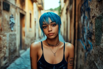Fototapeta premium Stunning calm mixed-race girl - for ads, media and digital use. Short haircut - blue hair. Commercial marketing conceptual art. Trendy haircuts ads. Creative portrait ideas. Creative concept.
