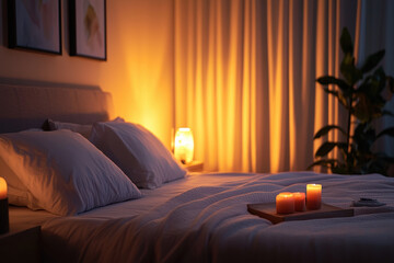 A luxurious bedroom with candles and warm lights, creating a tranquil and romantic ambiance.