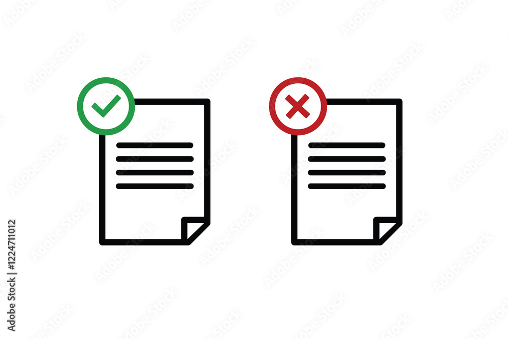 Aufkleber document icon. paper icon. check mark. cross signs. checkmark ok and x icons. symbols yes and no. re
