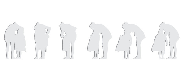 Vector concept conceptual gray paper cut silhouette of a mother helping her daughter getting dress from different perspectives isolated on white. A metaphor for parenting, motherhood, childhood, famil