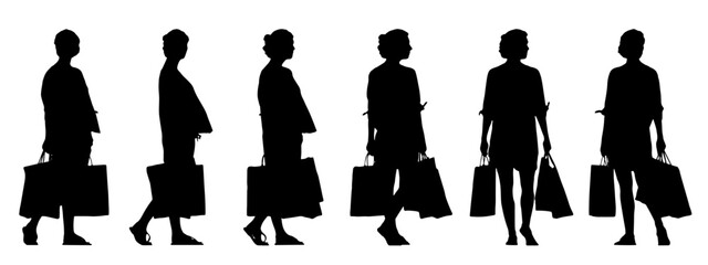 Vector concept conceptual black silhouette of a woman holding shopping bags  from different perspectives isolated on white background. A metaphor for shopping, business, leisure  and lifestyle
