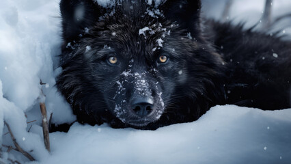 Naklejka premium Black wolf in the snow