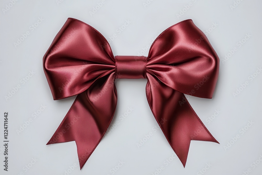 Wall mural Burgundy satin ribbon bow on white background, gift wrapping