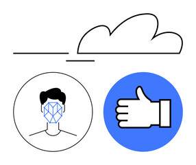 Facial recognition in a circle, cloud above as cloud computing, and a thumbs-up in a blue circle signify approval. Ideal for tech interfaces, AI systems, data security, biometrics, social media