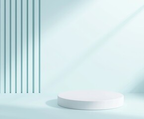 Minimalist scene with a white cylindrical platform against a light blue backdrop.