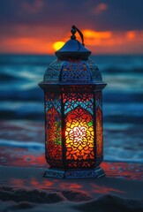 Decorative Lantern Illuminating Beach at Dusk with Vibrant Colors