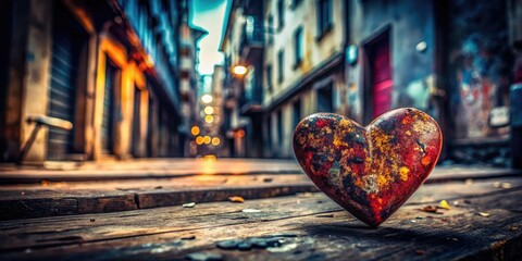 Dark romance blooms amidst urban decay: vintage-textured Valentine's hearts.