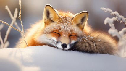 Fototapeta premium Red fox sleeping in snow