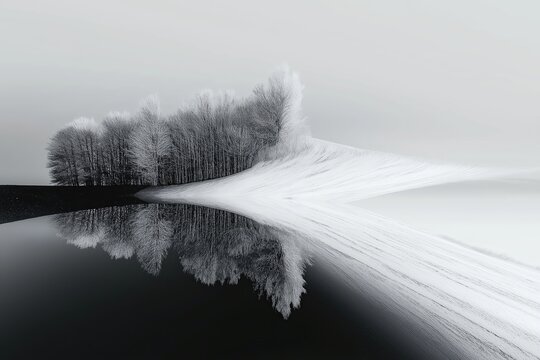 This artwork blends symmetry found in nature with the harmony of soft mist to create a surreal and emotional atmosphere.