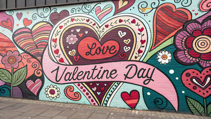 This image captures a vibrant and colorful street art mural on a brick wall. The mural is filled with various heart designs, flowers, and other decorative elements.