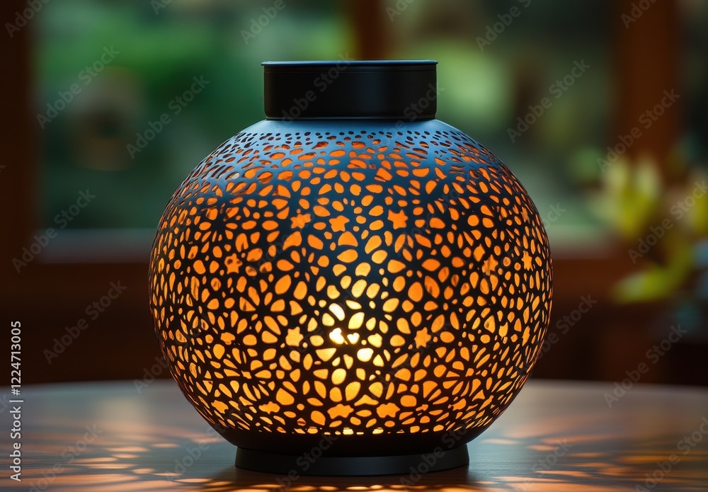 Poster decorative lantern with intricate patterns illuminating warm light