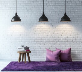 Bright and modern room with white brick wall, dark pendant lights, wooden stool with books, pink pillows, and a purple rug