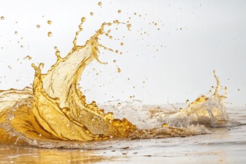 Obraz premium Liquid Gold Abstract Splash: Minimalist White Background Panoramic Stock Photo