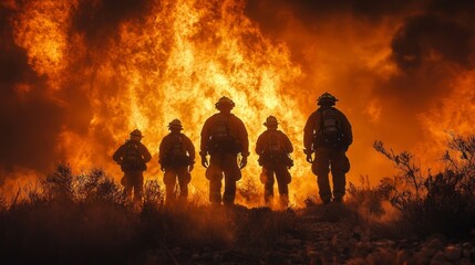 Brave firefighters stand resolutely in the foreground, silhouetted against an intense backdrop of flames and smoke. The glow of the fire highlights their unwavering commitment to saving lives