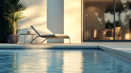 A lounge beach chair and a side table by the pool in a beautiful contemporary pool villa home