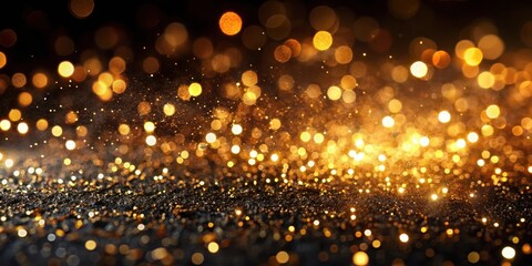 Sparkling dark gold glitter lights scattered on a black background with subtle blur effect giving a sense of depth and mystery, shimmering, illuminated