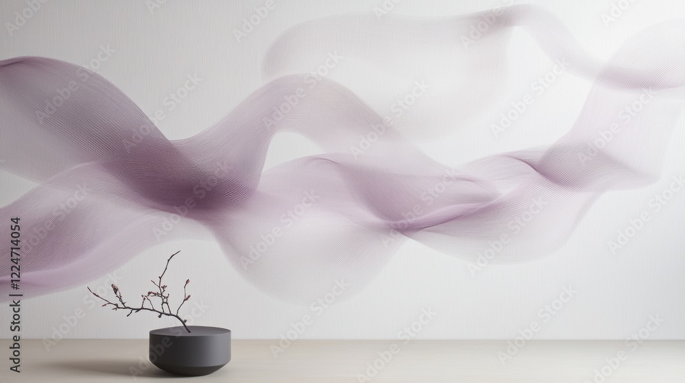 Poster a vase with a branch in it sits on a table in front of a wall with a purple wave