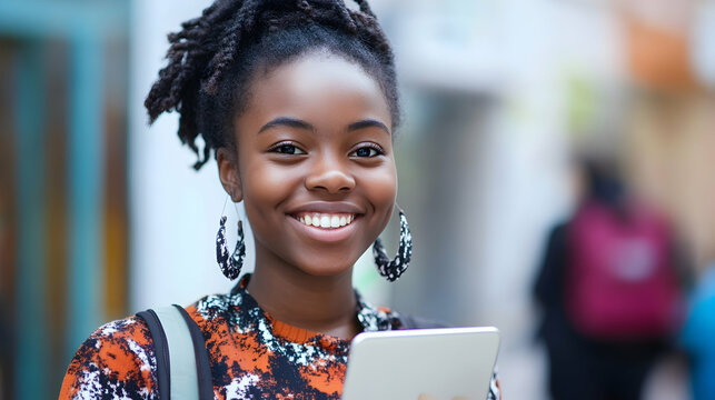 Smiling student holding a tablet in a classroom, ready for learning and engagement