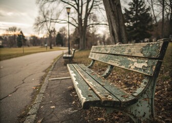 Fototapeta premium Lonely Park Bench: A Documentary Photography Study of Urban Solitude