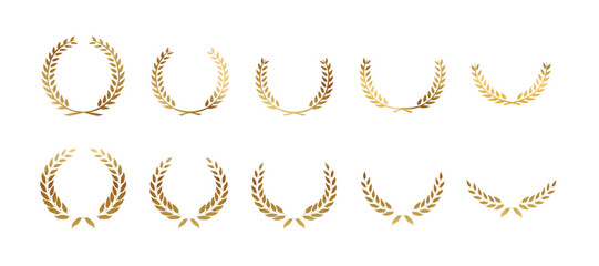 Laurel wreath icon set. Сollection of gold circular foliate laurels branches. Vintage laurel wreaths. gold circular laurel foliate, wheat and oak wreaths depicting an award, achievement.