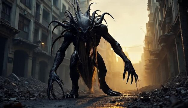 A terrifying creature dominates a ruined city, a digital painting showcasing a post-apocalyptic setting.