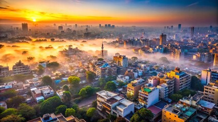 Fototapeta premium Long Exposure Aerial Cityscape: Foggy Indian Metropolis at Dawn