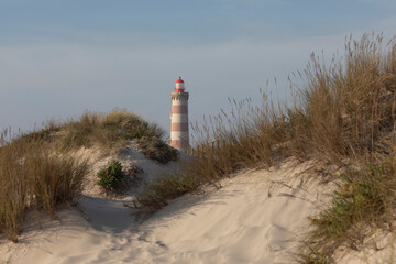 Aveiro lighthouse and dunes on Barra beach. Aveiro, Portugal