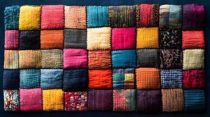 A texture of patchwork cloth with bright, colorful designs.