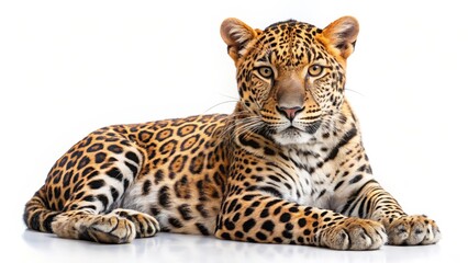 Jaguar, Panthera onca, lying down, isolated on white background