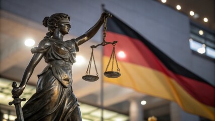 Fototapeta premium Long Exposure: Bronze Justice Statue & German Flag - German Law Concept
