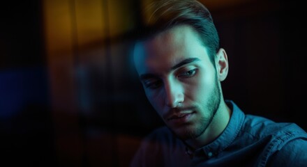 Fototapeta premium Thoughtful man with a serious expression, captured in soft lighting