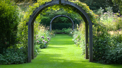 Fototapeta premium One minimalist, clean-lined garden arch, its wood natural against a green backdrop.