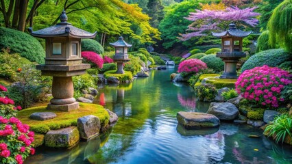 Serene waters flowing gently through a tranquil Japanese garden with lush greenery and vibrant flowers surrounding beautifully arranged stone lanterns , nature, peaceful atmosphere