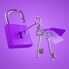 A 3D render of a purple lock that has been unlocked using one of the metal keys on the keyring.