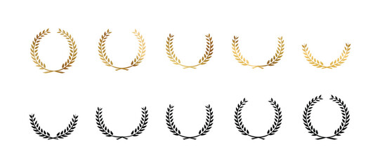Laurel wreath icon set. Сollection of black and gold circular foliate laurels branches. Vintage laurel wreaths, wheat and oak wreaths depicting an award, achievement.