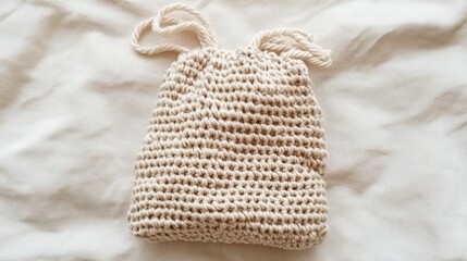 A crochet drawstring bag lying flat on a neutral fabric background with soft textures.