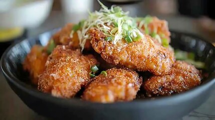 Fototapeta premium A plate filled with crispy pieces of chicken fillet fried in panko