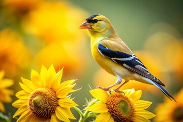Fototapeta premium Long Exposure: Goldfinch on Sunflower, Vibrant Yellow Bird in Bloom