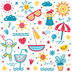 Cheerful summer illustration with various hand-drawn elements.