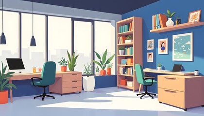 Fototapeta premium Modern Bright Office Workspace With Two Desks And City View