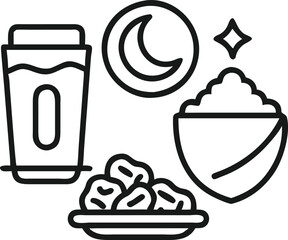 A simple, line art illustration depicting elements of an Iftar meal, the breaking of the fast during Ramadan.